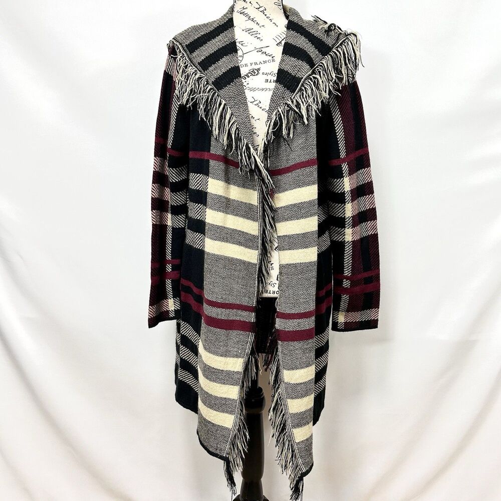 Absolutely Famous Open-Front Plaid long Cardigan Hooded Fringe knit with hood